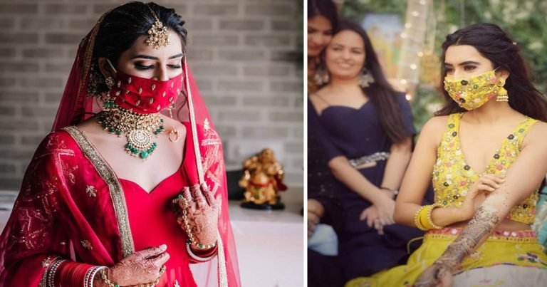 bride wears face mask in her wedding: लॉकडाउन में की इस कपल ने शादी, दुल्हन ने हर लहंगे के साथ सिलवाया मैचिंग मास्क – this punjabi bride wore matching mask with lehenga on her wedding day and other functions