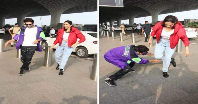 kartik aaryan- deepika padukone: lifestyle deepika padukone wore a red jacket with kartik aaryan