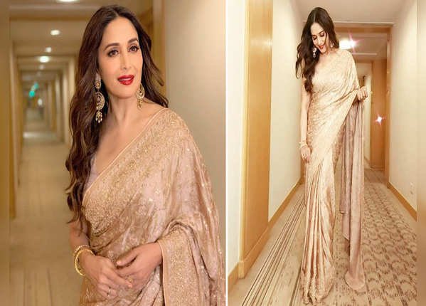 गोल्डन साड़ी में माधुरी का रॉयल लुक