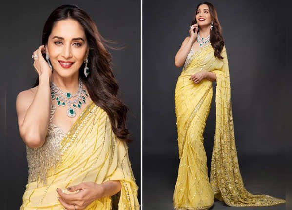 येलो साड़ी और डायमंड नेकलेस