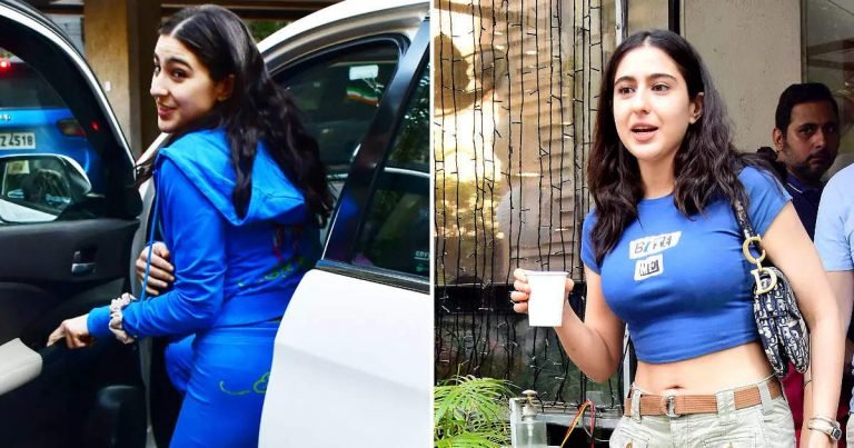 sara ali khan at kareena kapoor house, पापा की परी सारा अली खान यूं पहुंचीं करीना कपूर के घर, छोटू से टॉप और फिट लेगिंग्स में फ्लॉन्ट किया फिगर – lifestyle sara ali khan reaches abba saif ali khan house in crop top and blue pajama