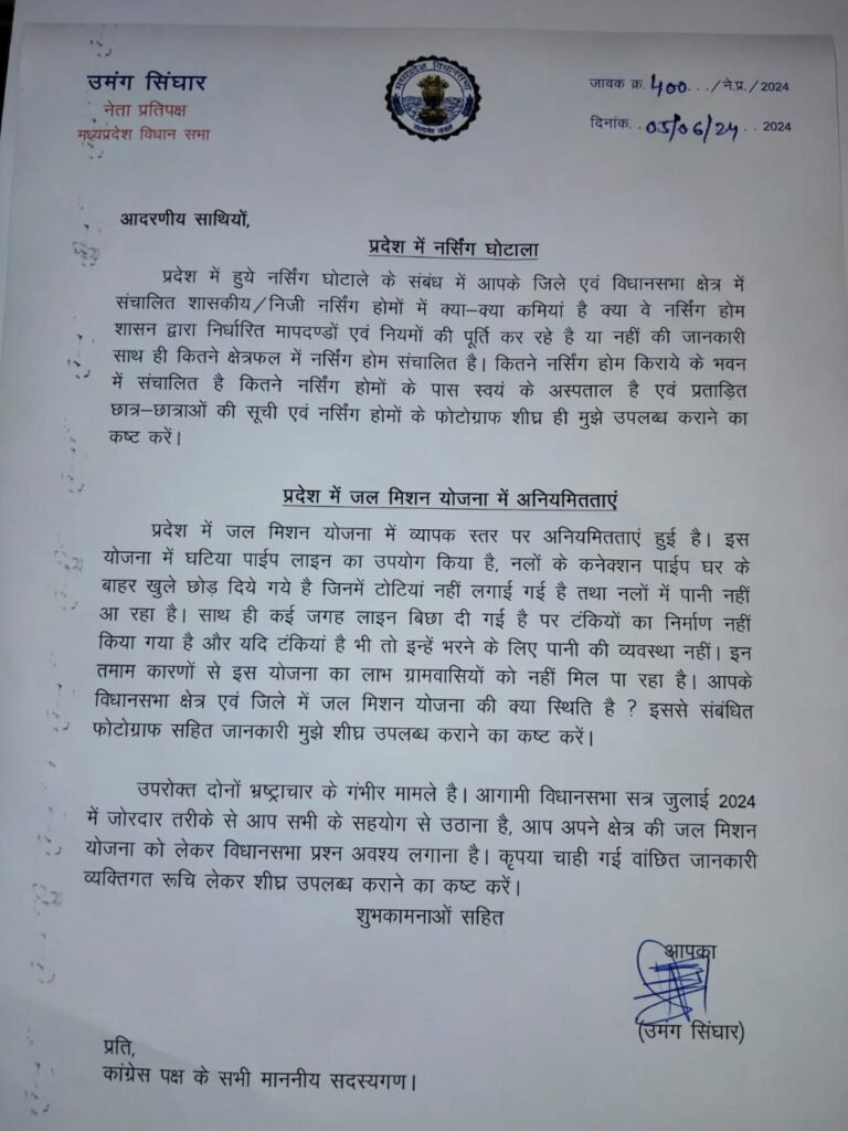 नेता प्रतिपक्ष उमंग सिंघार ने कोंग्रेस साथी विधायको को लिखा पत्र