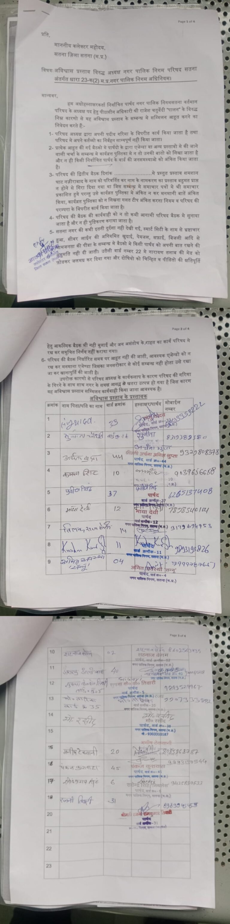 सतना नगर निगम अध्यक्ष के खिलाफ अविश्वास प्रस्ताव, कांग्रेसी पार्षदों ने कलेक्टर को सौपा प्रस्ताव।