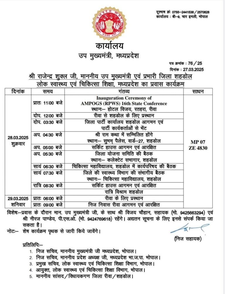 उप मुख्यमंत्री एवं शहडोल जिले के प्रभारी मंत्री  राजेंद्र शुक्ल कल शहडोल जिले के दौरा