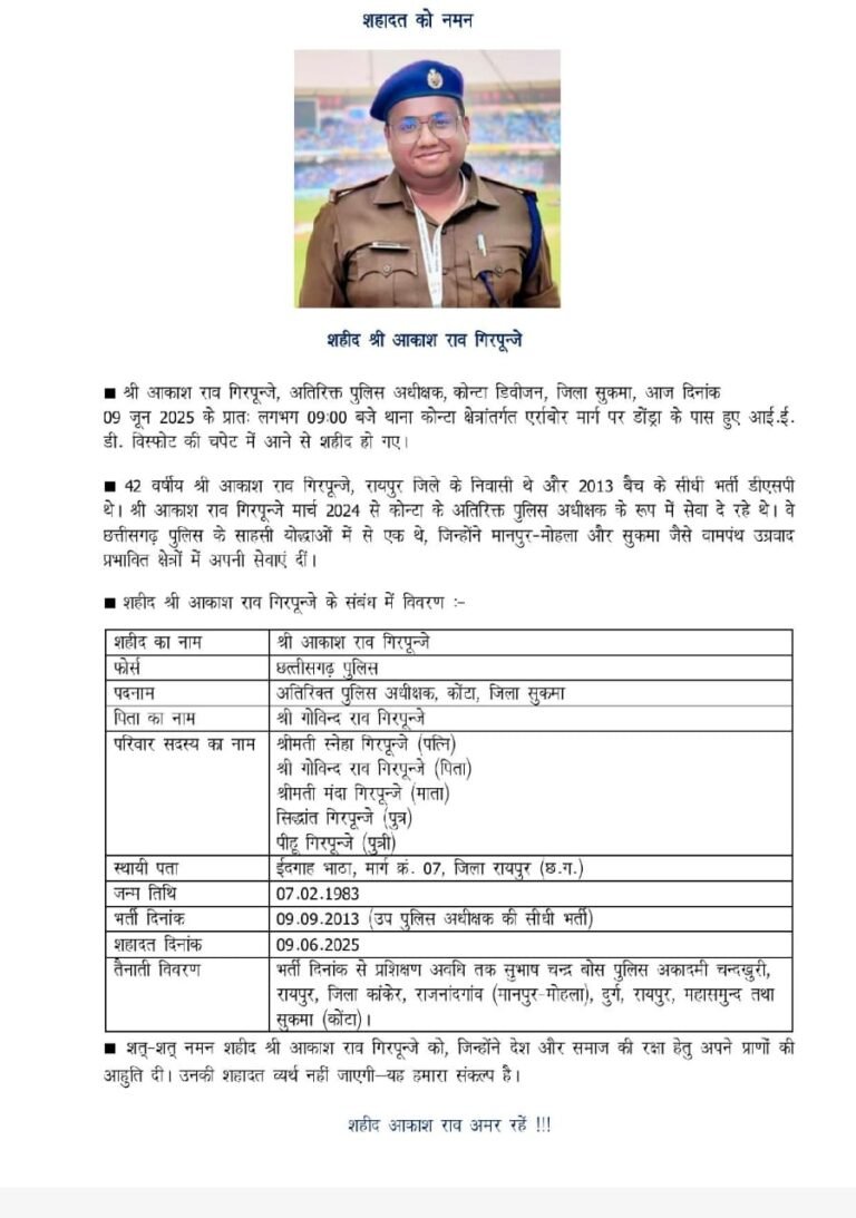 कोंटा में नक्सली हमले में एडिशनल एसपी आकाश राव शहीद, छत्तीसगढ़ में शोक की लहर