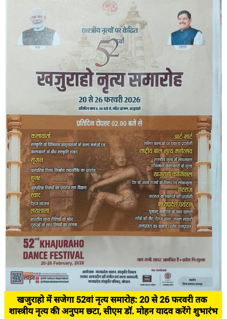 खजुराहो में सजेगा 52वां नृत्य समारोह: 20 से 26 फरवरी तक शास्त्रीय नृत्य की अनुपम छटा, सीएम डॉ. मोहन यादव करेंगे शुभारंभ