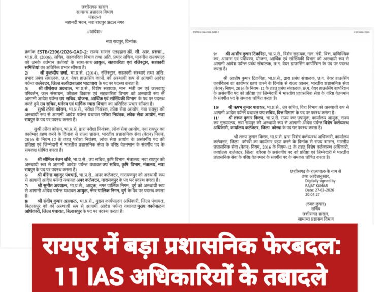 रायपुर में बड़ा प्रशासनिक फेरबदल: 11 IAS अधिकारियों के तबादले