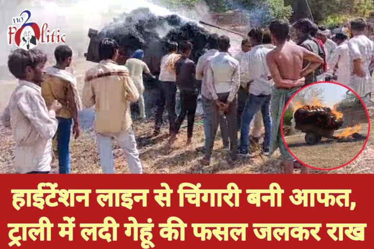 हाईटेंशन लाइन से चिंगारी बनी आफत, ट्राली में लदी गेहूं की फसल जलकर राख
