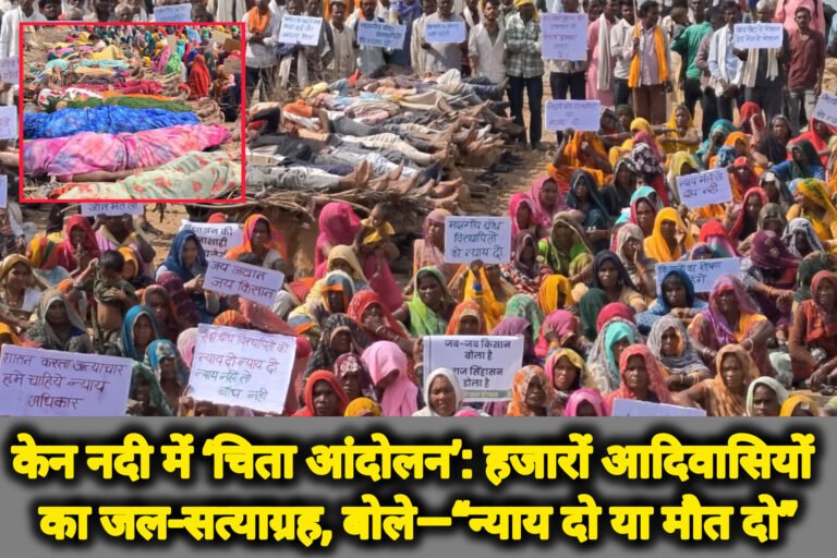 केन नदी में ‘चिता आंदोलन’: हजारों आदिवासियों का जल-सत्याग्रह, बोले—“न्याय दो या मौत दो”